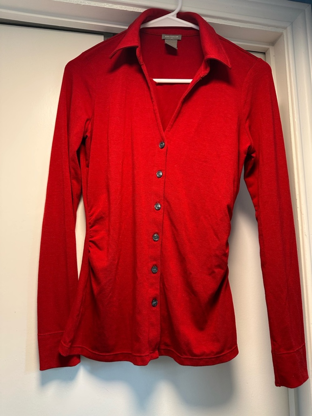 Red Button-Front Long Sleeve Women's Top